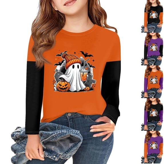 Halloween Shirts for Girls Size 7-8 Long Sleeve Novelty Cartoon Pumpkin Ghost Bat T-Shirt Party Girls Fashion Crew Neck Tee Tops Multicolor 5-6 Years