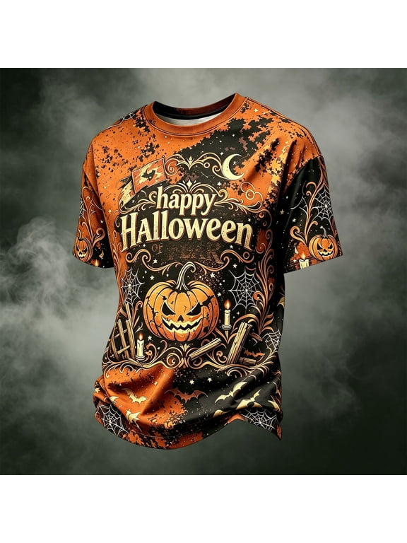 Halloween Shirts for Men 2026 Pumpkin Spooky Ghost Print Short Sleeve Tops Lightweight Crewneck T-Shirt Fall Halloween Costumes,Ginger,L