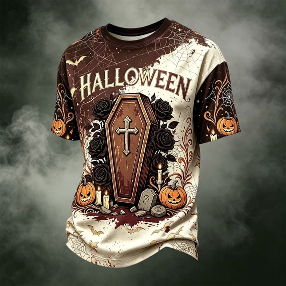 Halloween Shirts for Men 2026 Pumpkin Spooky Ghost Print Short Sleeve Tops Lightweight Crewneck T-Shirt Fall Halloween Costumes,Khaki,3XL