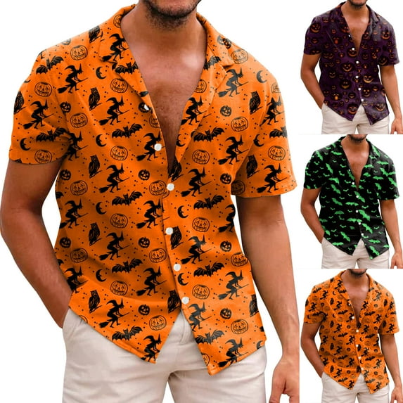 Halloween Shirts for Men 3D Digital Printing Buckle Lapel Short Sleeve Tops Casual Loose Lightweight Fall Daily Wear Mens Shirts Orange M