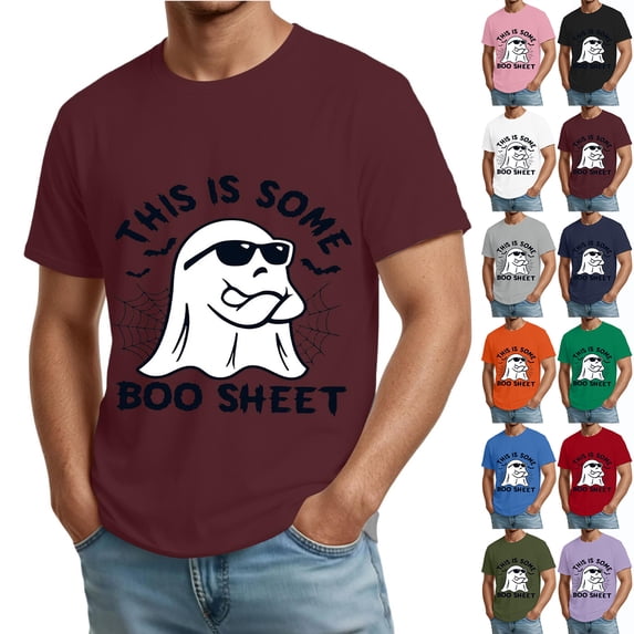 Halloween Shirts for Men Bat Ghost Graphic Crew Neck Spooky Tops Pumpkin Print Short Sleeve Funny Fall Costumes S