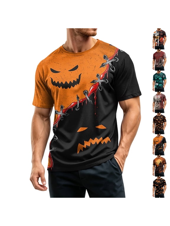 Halloween Shirts for Men Castle Witch Hat Print Crew Neck Horror T-Shirt Skeleton Graphic Short Sleeve Funny Cute Tops 2XL