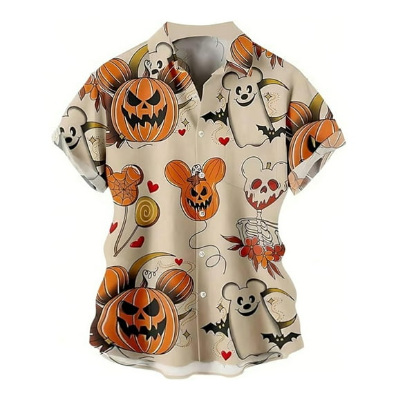 Halloween Shirts for Men Casual Funny Full Printed Comfortable Short Sleeve Button Down Lapel Tops Breathable Fall Daily Wear Mens Shirts Khaki S
