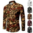 thumbnail image 1 of Halloween Shirts for Men Full Skeleton Floral Print Funny Button Down Lapel Long Sleeve Tops Fall Winter Outdoor Activities Mens Shirts Navy S, 1 of 5