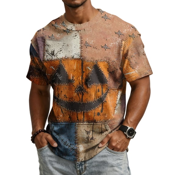 Halloween Shirts for Men Funny Jack-o'-lantern Face Print Graphic Halloween T Shirts Plus Size Short Sleeve Halloween Blouse Tops
