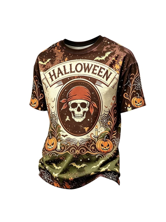 Halloween Shirts for Men Graphic Tees Jack O Lantern Spooky Halloween Costume Funny Casual Crewneck Fall Gifts T Shirt,3XL,Coffee