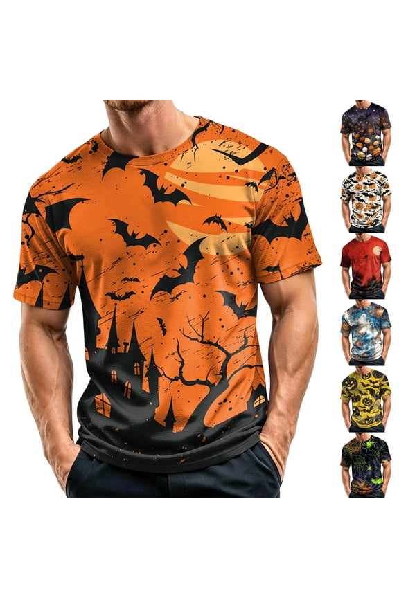 Halloween Shirts for Men Short Sleeve Crew Neck Bat Print Pullovers Causal Loose Funny T Shirts, S