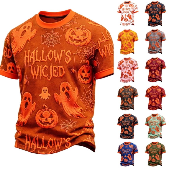 Halloween Shirts for Men Short Sleeve Horror Ghost Pumpkin Graphic Tshirts Vintage Crew Neck Spooky Season Tee, L