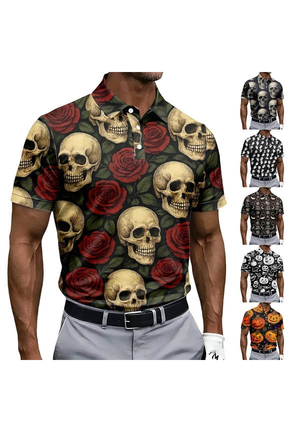 Halloween Shirts for Men Spider Witch Hat Print Short Sleeve Cute T Shirt Skeleton Graphic Henley Fashion Vintage Tees 2XL
