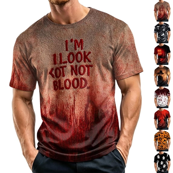 Halloween Shirts for Men Witch Hat Castle Print Crew Neck Fall Tees Candy Graphic Short Sleeve Cute Vintage Costumes 3XL