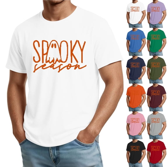 Halloween Shirts for Men Witch Hat Pumpkin Graphic Crew Neck Scary Tops Bat Print Short Sleeve Spooky Funny Costumes 4XL