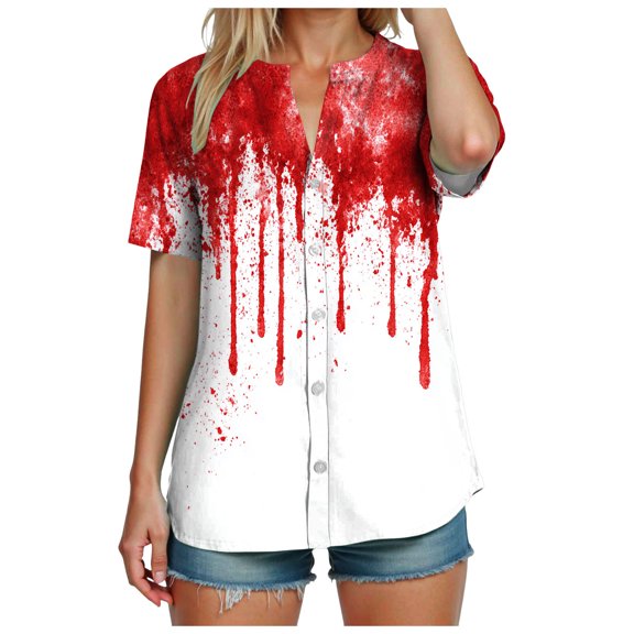 Halloween Shirts for Women 2025 Splatter Halloween Casual Button V Neck Shirts Stain Printed Short Sleeve