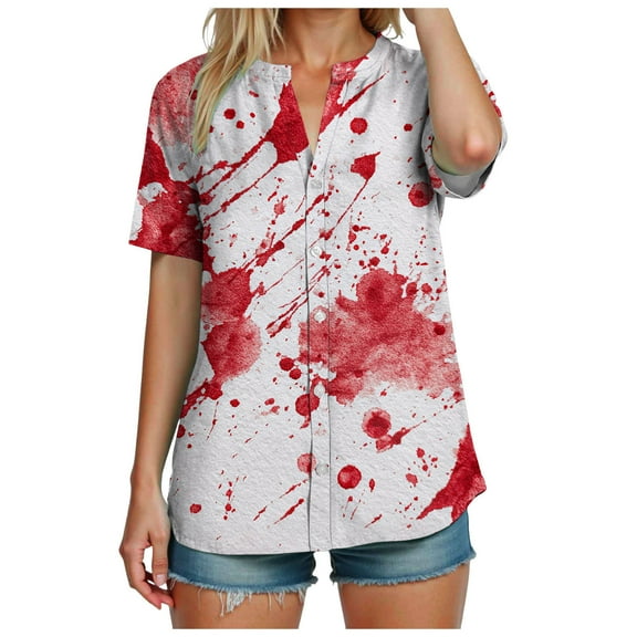 Halloween Shirts for Women 2025 Button Down Shirt Printed Short Sleeve Cotton Blouse Halloween Casual Loose Fit Tops