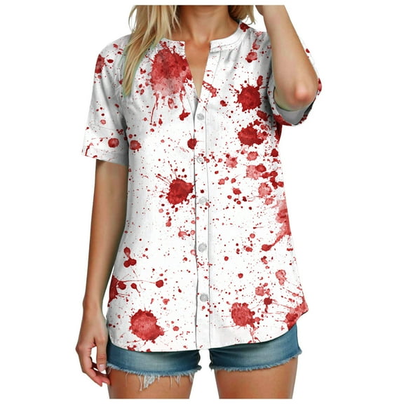 Halloween Shirts for Women 2025 Button Down Shirt Printed Short Sleeve Cotton Blouse Halloween Casual Loose Fit Tops