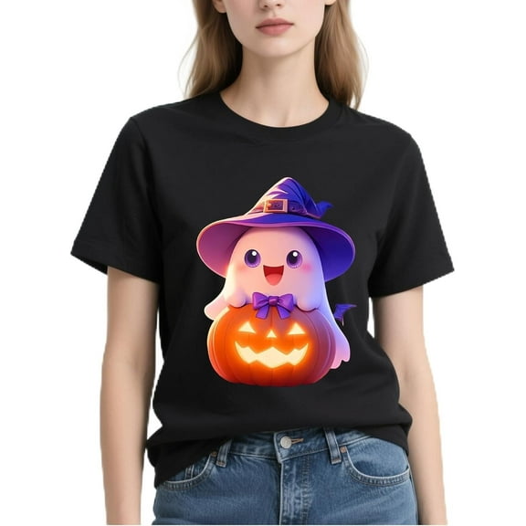 Halloween Shirts for Women 2025 - Pumpkin Ghost Wizard Hat Pattern Round Neck Short Sleeve