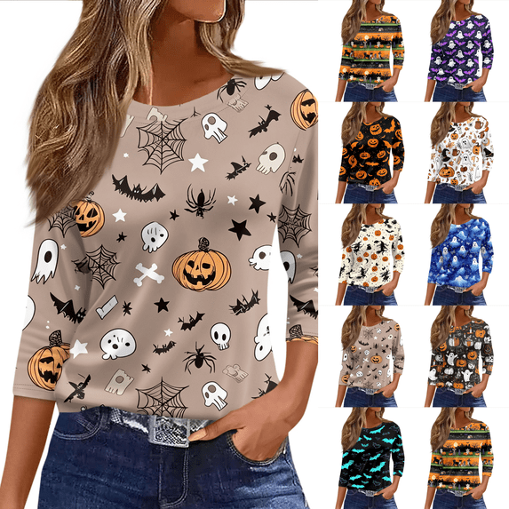 Halloween Shirts for Women 2026 3/4 Sleeve Funny Graphic T-Shirt Casual Crewneck Tunic Tops Halloween Costumes Adult