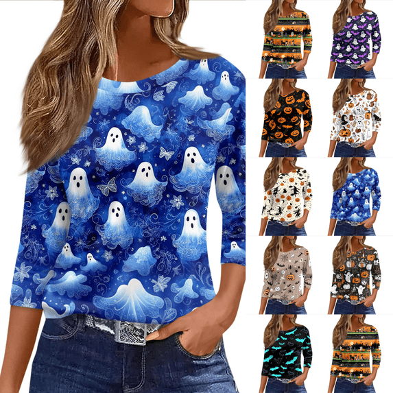 Halloween Shirts for Women 2026 3/4 Sleeve Funny Graphic T-Shirt Casual Crewneck Tunic Tops Halloween Costumes Adult