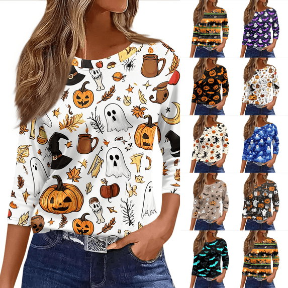 Halloween Shirts for Women 2026 3/4 Sleeve Funny Graphic T-Shirt Casual Crewneck Tunic Tops Halloween Costumes Adult