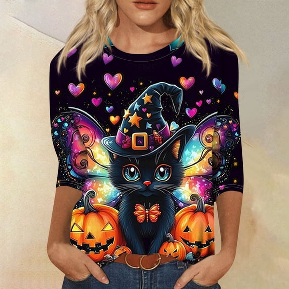 Halloween Shirts for Women 2026 Novelty Funny Witch Pumpkin Ghost Skull Print Gothic Tshirts 3/4 Sleeve Crewneck Tops