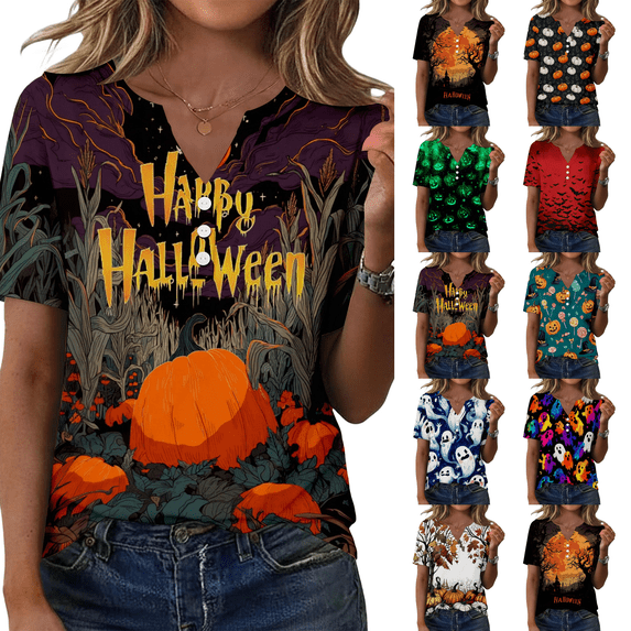 Halloween Shirts for Women 2026 V Neck Plus Size Funny Cute Vintage Teacher Shirts Casual Holiday Tops