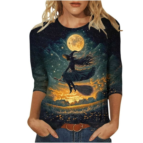Halloween Shirts for Women 3/4 Length Sleeve Tunic Tops Crewneck Blouses Pullover Funny Cute Witch Ghost Printed Sweatshirts Halloween Costume Gifts