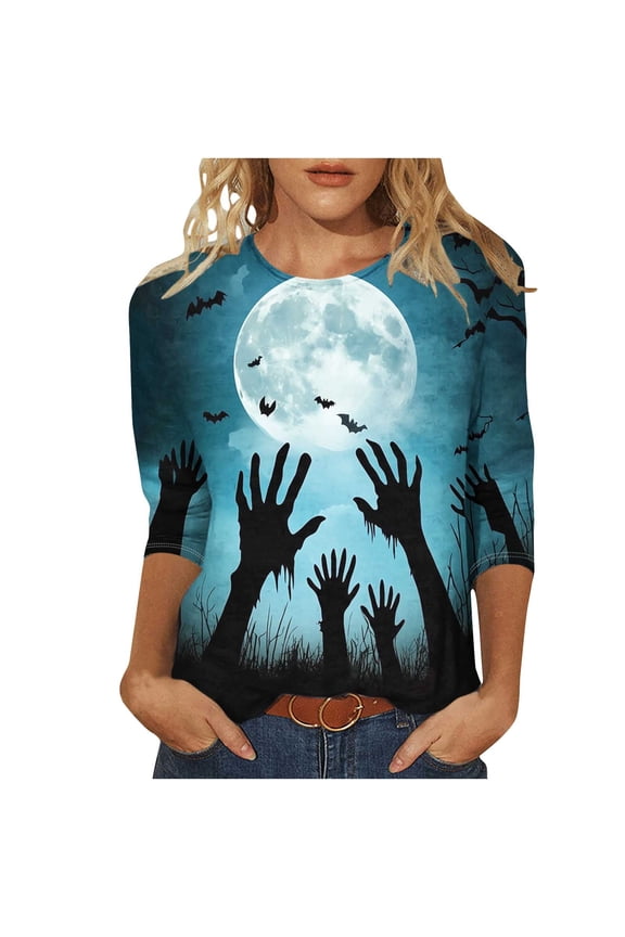 Halloween Shirts for Women 3/4 Length Sleeve Tunic Tops Crewneck Blouses Pullover Funny Cute Witch Ghost Printed Sweatshirts Halloween Costume Gifts