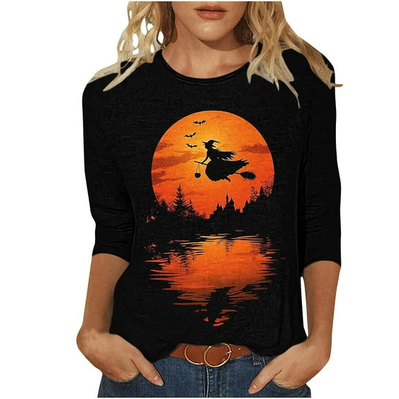 Halloween Shirts for Women 3/4 Length Sleeve Tunic Tops Womens Halloween Graphic Printed Round Neck T-Shirt Plus Size Pullover Costumes Blouses