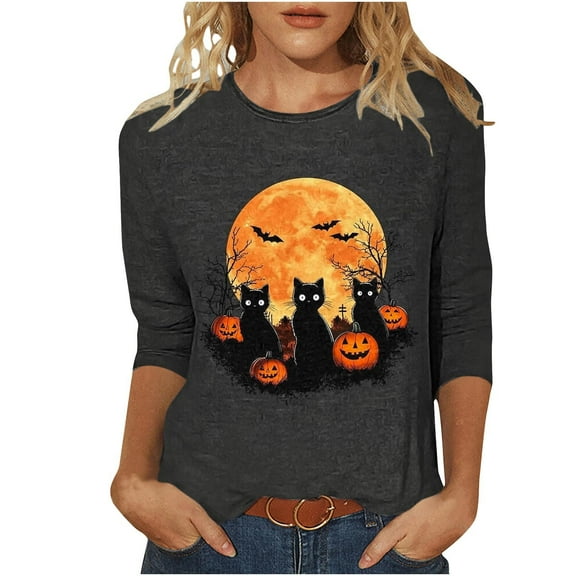 Halloween Shirts for Women 3/4 Length Sleeve Tunic Tops Womens Halloween Graphic Printed Round Neck T-Shirt Plus Size Pullover Costumes Blouses