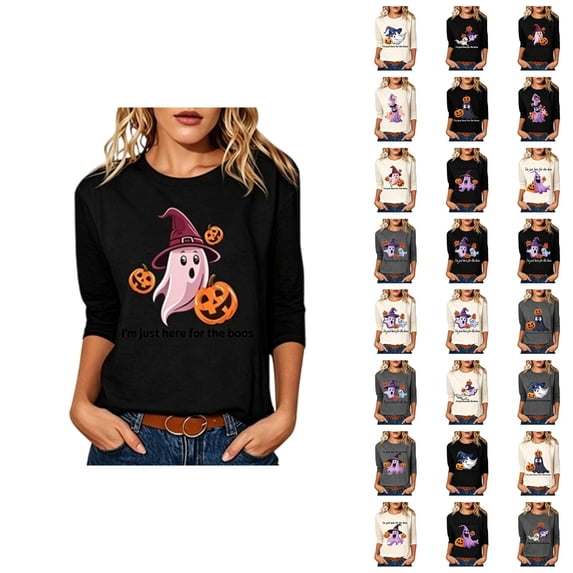 Halloween Shirts for Women 3/4 Sleeve Casual Crewneck Funny I'm Just Here for The Boos Graphic T Shirt Halloween Tops