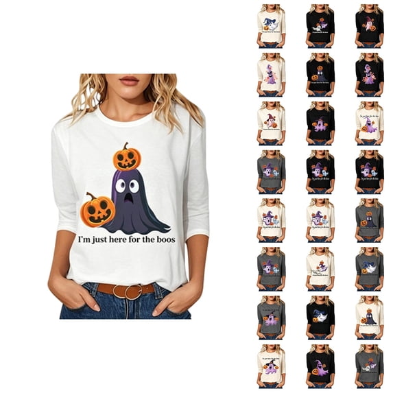 Halloween Shirts for Women 3/4 Sleeve Casual Crewneck Funny I'm Just Here for The Boos Graphic T Shirt Halloween Tops