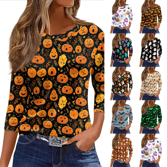 Halloween Shirts for Women 3/4 Sleeve Casual Tunic Tops Funny Bat,Ghost,Pumpkin Printed Costume Holiday Blouses Yellow 2XL