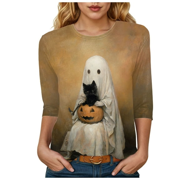 Halloween Shirts for Women 3/4 Sleeve Length Womens Tops Fall Fashion 2025 Witch Pumpkin Ghost Spooky Season Shirt