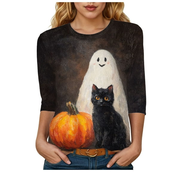Halloween Shirts for Women 3/4 Sleeve Length Womens Tops Fall Fashion 2025 Witch Pumpkin Ghost Spooky Season Shirt