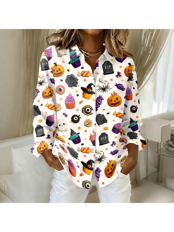 Halloween Shirts for Women Button Down Collared Novelty Halloween Pumpkin Womens T Shirts Fall Long Sleeve Trendy Fashion Clothing White XXL