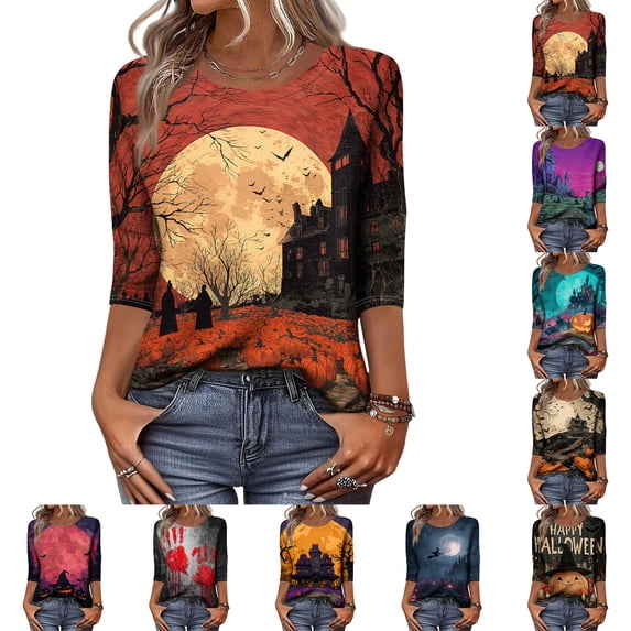 Halloween Shirts for Women Candy Ghost Loose Fit Crew Neck Spooky T-Shirt Pumpkin Graphic 3/4 Sleeve Fall Horror Blouse 5XL