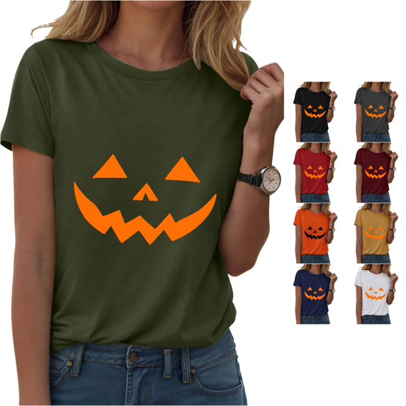Halloween Shirts for Women Casual Graphic Tee for Summer Party Out with Jeans Round Neck T Shirt for Women’s Wardrobe Green L