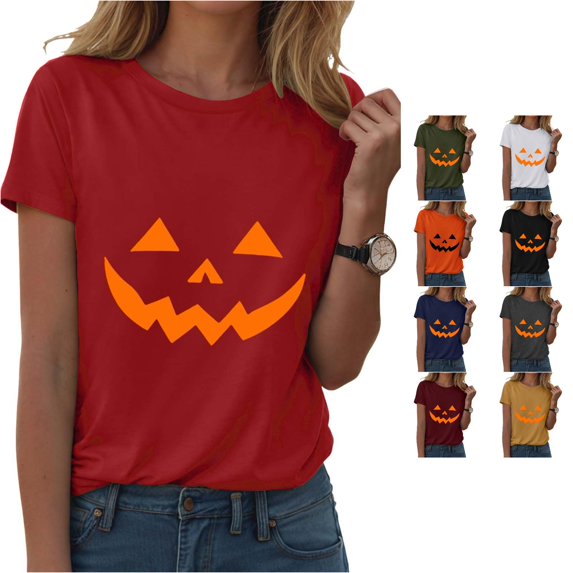 Halloween Shirts for Women Casual Graphic Tee for Summer Party Out with Jeans Round Neck T Shirt for Women’s Wardrobe Red XL