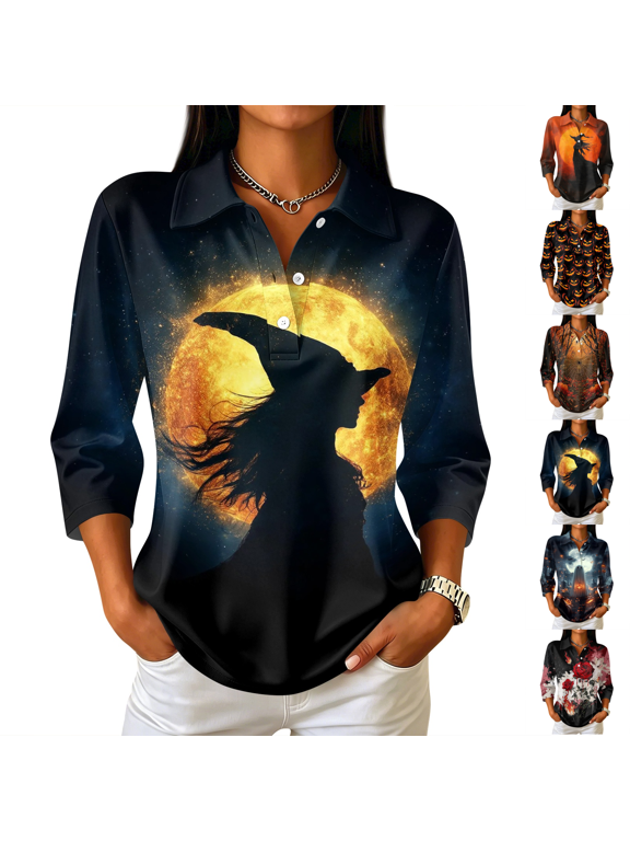 Halloween Shirts for Women Collared Shirts 3/4 Sleeve Tops Casual Fall Outfits Black 3XL