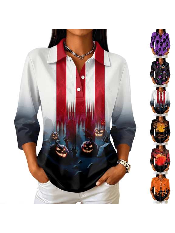 Halloween Shirts for Women Collared Shirts 3/4 Sleeve Tops Casual Fall Outfits Gray 3XL