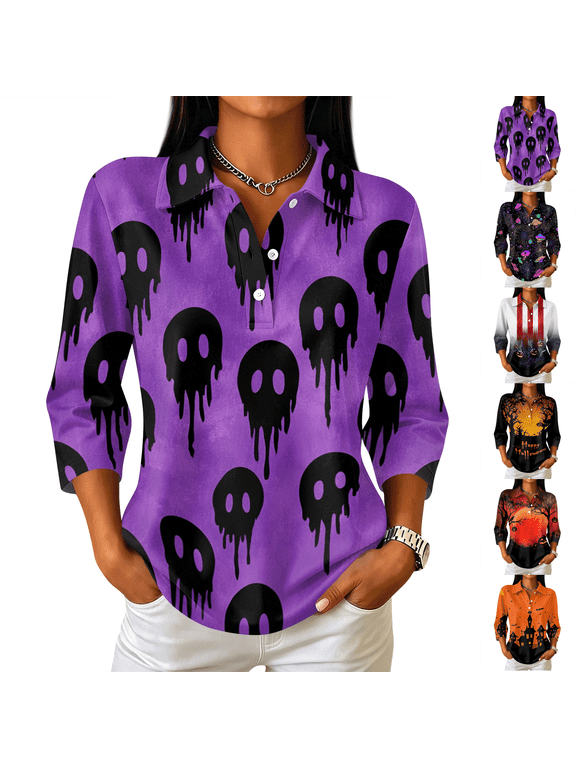 Halloween Shirts for Women Collared Shirts 3/4 Sleeve Tops Casual Fall Outfits Multicolor XL