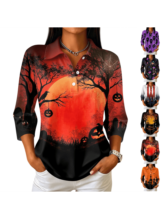 Halloween Shirts for Women Collared Shirts 3/4 Sleeve Tops Casual Fall Outfits Red 3XL