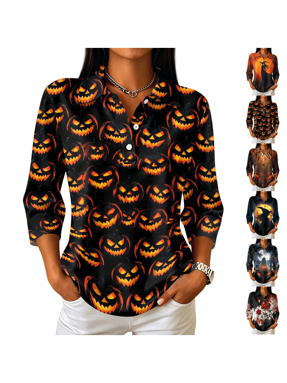 Halloween Shirts for Women Collared Shirts 3/4 Sleeve Tops Casual Fall Outfits Yellow 3XL