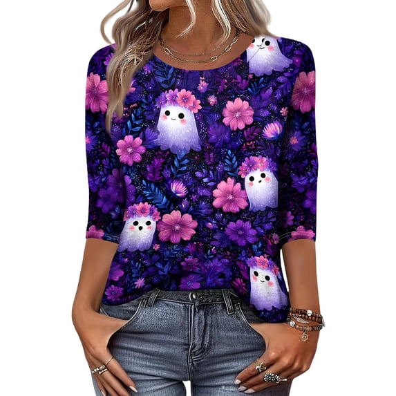 Halloween Shirts for Women CrewNeck Shirts Fall Halloween Funny Graphic 3/4 Length Sleeve Tops