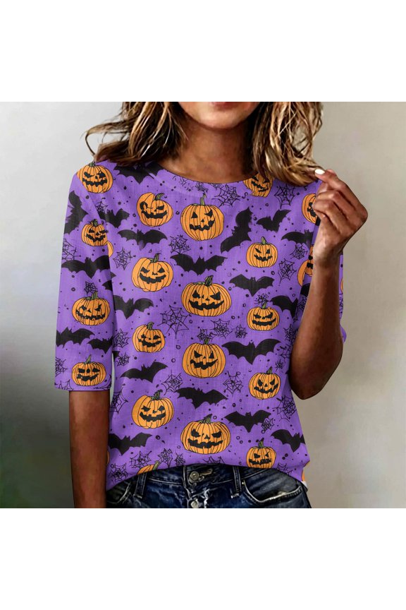 Halloween Shirts for Women Crewneck Blouses Funny Pumpkin Printed Half Sleeve Tunic Tops Halloween Costume Gifts