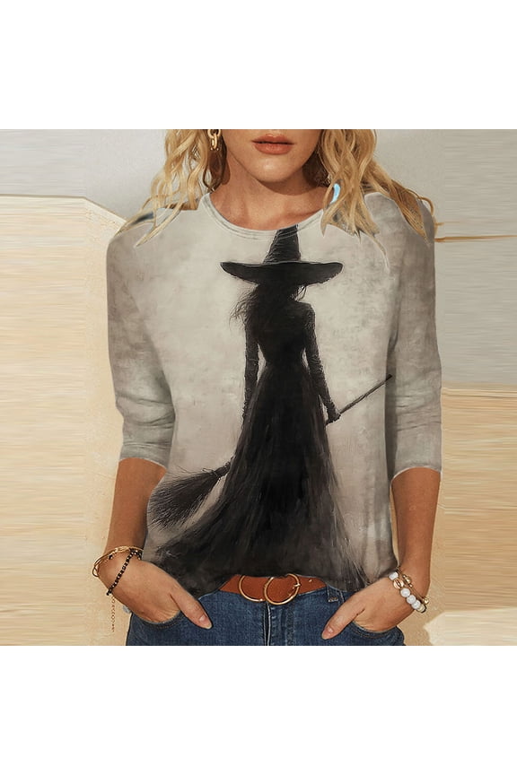 Halloween Shirts for Women Crewneck Blouses Pullover Funny Cute Witch Printed Sweatshirts 3/4 Length Sleeve Tunic Tops Halloween Costume Gifts