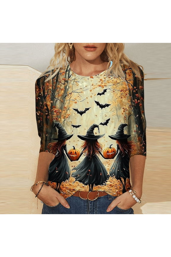 Halloween Shirts for Women Crewneck Blouses Pullover Funny Cute Witch Printed Sweatshirts 3/4 Length Sleeve Tunic Tops Halloween Costume Gifts