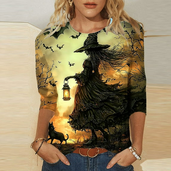 Halloween Shirts for Women Crewneck Blouses Pullover Funny Cute Witch Printed Sweatshirts 3/4 Length Sleeve Tunic Tops Halloween Costume Gifts