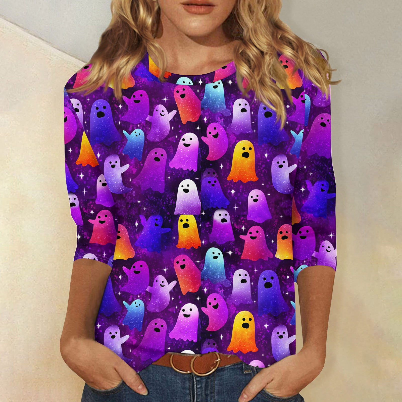 Halloween Shirts for Women Cute Pumpkin Bat Print 3/4 Length Sleeve ...