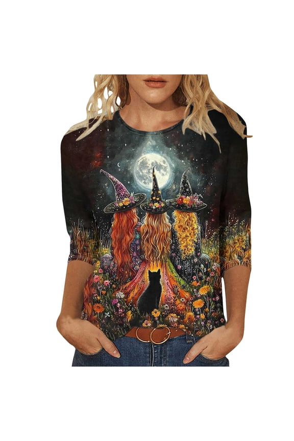 Halloween Shirts for Women Cute Pumpkin Ghost Graphic Tees 3/4 Sleeve Tops Loose Casual Crewneck Blouses Tshirts 2025