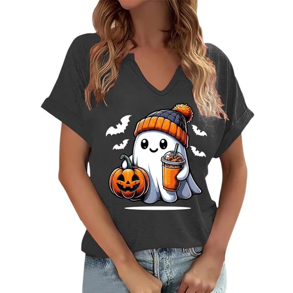 Halloween Shirts for Women Fall Pumpkin Grpahic V Neck Tshirt Skull Shirt | Halloween Graphic Tees For Women